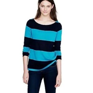 J. Crew Women's Teal Blue and Navy Striped Linen Tee Small